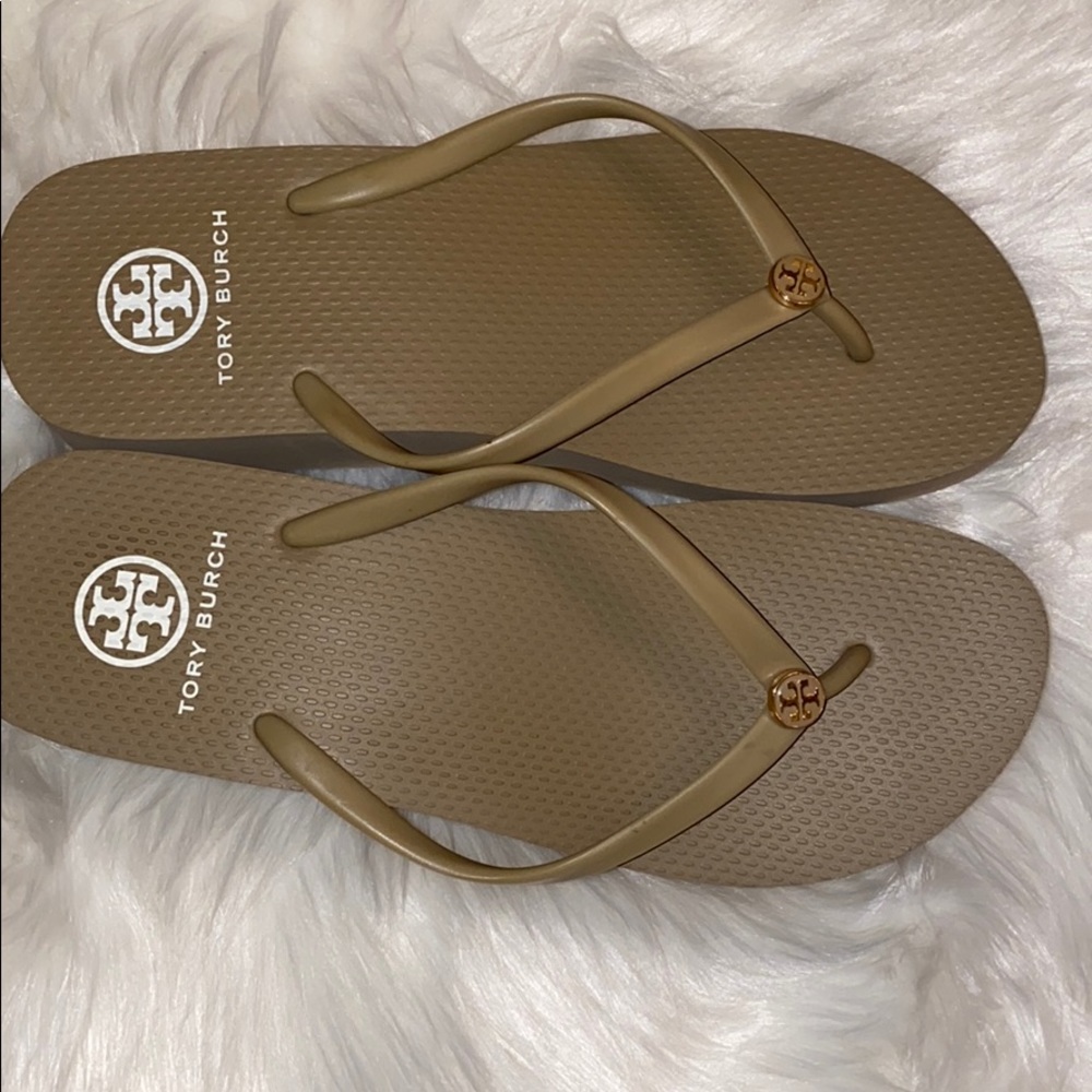 Tory Burch Taupe Flip Flop Wedges